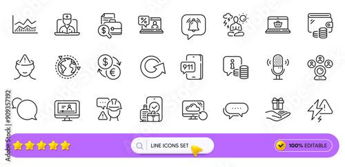 Loyalty program, Video conference and Info line icons for web app. Pack of Yoga, Builder warning, Messenger pictogram icons. Trade infochart, Carry-on baggage, Dots message signs. Search bar. Vector