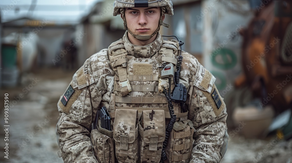 Soldier in Tactical Gear Standing Firm Amidst Military Encampment at Dawn Soldier in Tactical Gear Standing Firm Amidst Military Encampment at Dawn
