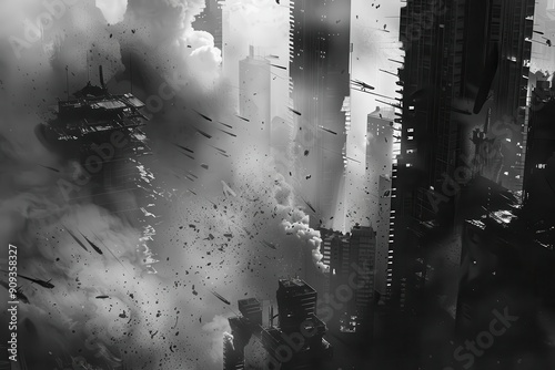 dystopian cityscape in monochrome skyscrapers crumbling amid chaos smoke billows debris falls silhouettes flee stark contrast heightens drama and urgency