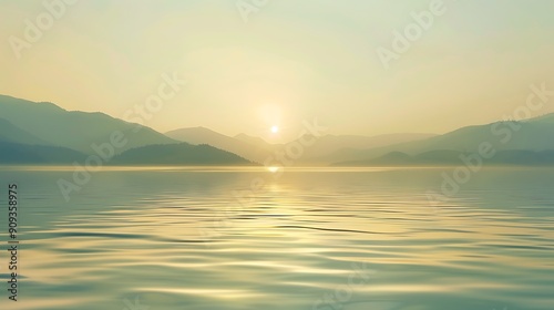 A serene lake reflecting the soft hues of a golden sunrise, with gentle ripples on the water's surface and distant mountains in the background.