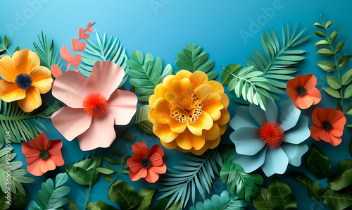 Top View of Colorful Paper Cut Flowers Arrangement with Green Leaves on Blue Background, Perfect for Spring and Summer Themes, Nature-Inspired Art Decoration, Vibrant Crafting and DIY Projects