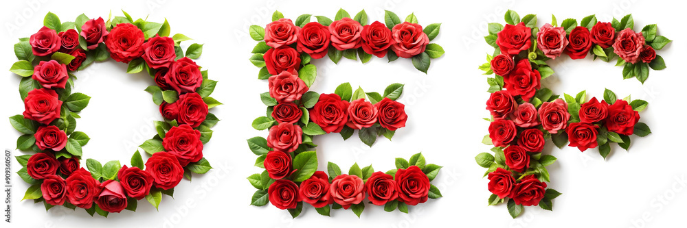 Letters D, E, F. Alphabet Made of Red Roses on White Background. Letters D, E, F. Alphabet Made of Red Roses on White Background.