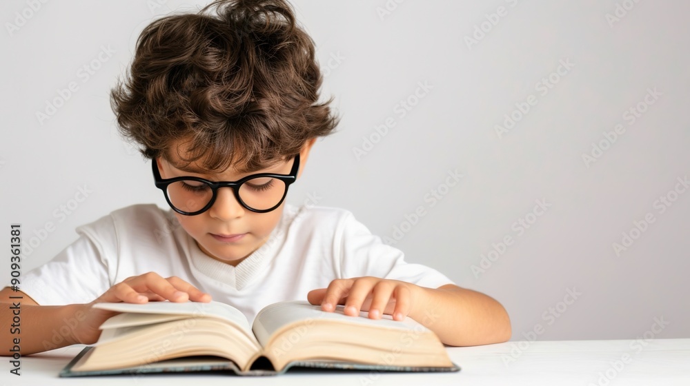 Curious and Thoughtful Young Boy Reading a Book on White Background Curious and Thoughtful Young Boy Reading a Book on White Background