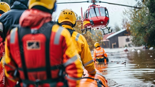 flood victims being airlifted by a helicopter, with rescue workers on the ground photo