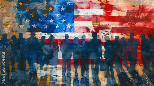 Presidential elections in the USA. A group of people are standing in front of a large American flag. One of the people is holding a sign that says 