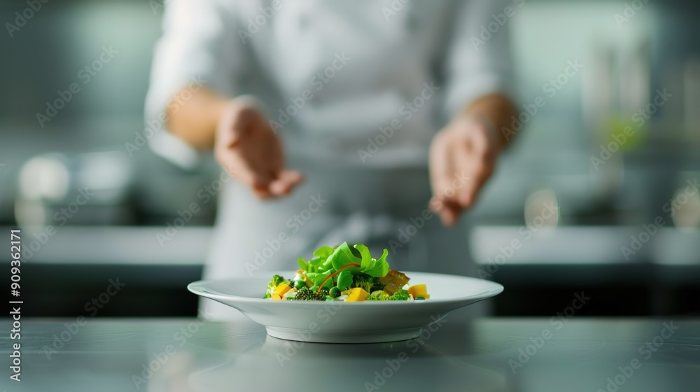 Culinary Excellence: Chef Presenting Exquisite Meal in Fine Dining Restaurant with Copy Space Culinary Excellence: Chef Presenting Exquisite Meal in Fine Dining Restaurant with Copy Space