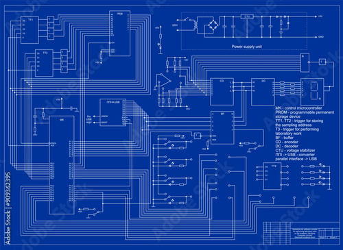 Vector functional schematic diagram. 
Drawing of complex electrical circuit of electronic device
with microprocessor, resistor, capacitor, led, memory chip,
logic gate, indicator, integrated circuit.