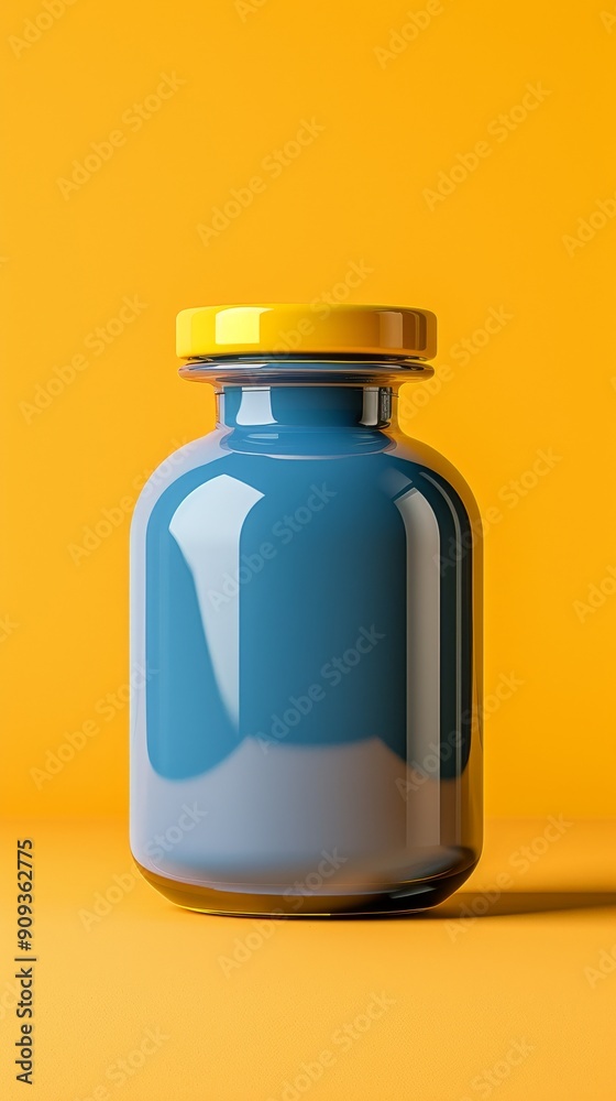 A bottle of blue liquid is sitting on a yellow background A bottle of blue liquid is sitting on a yellow background