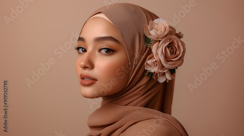 Elegant Woman Wearing Hijab with Floral Embellishment Against Neutral Background for Fashion or Cultural-Themed Advertising and Editorials