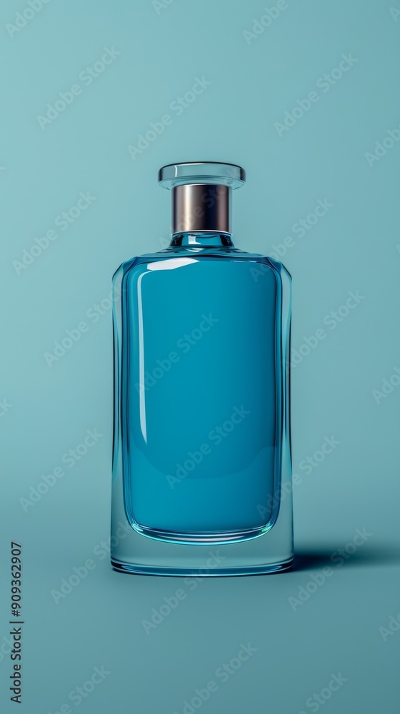 A blue bottle of perfume is sitting on a blue background A blue bottle of perfume is sitting on a blue background