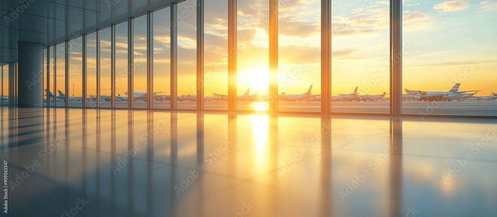 Airport Terminal Window with Sunset View and Airplanes Airport Terminal Window with Sunset View and Airplanes