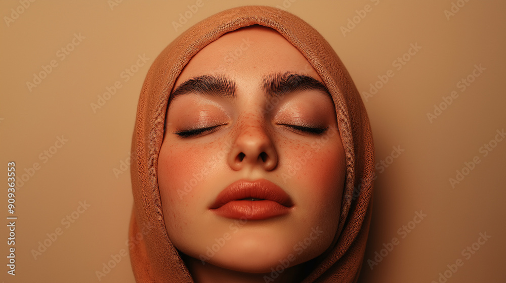 Happy Woman Wearing Hijab with Eyes Closed Against Neutral Background for Lifestyle or Cultural-Themed Advertising and Editorials Happy Woman Wearing Hijab with Eyes Closed Against Neutral Background for Lifestyle or Cultural-Themed Advertising and Editorials