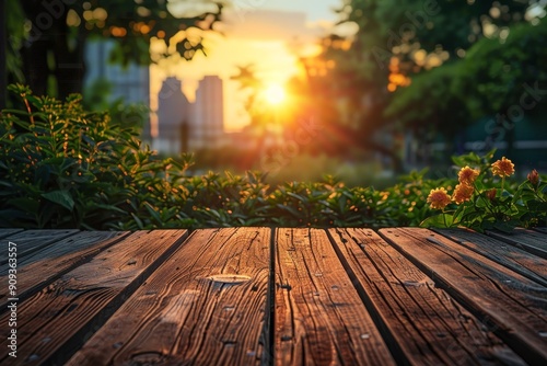 Wooden Planks In Front of Sunset and Flowers