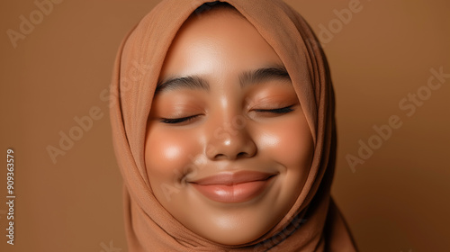 Happy Woman Wearing Hijab with Eyes Closed Against Neutral Background for Lifestyle or Cultural-Themed Advertising and Editorials photo