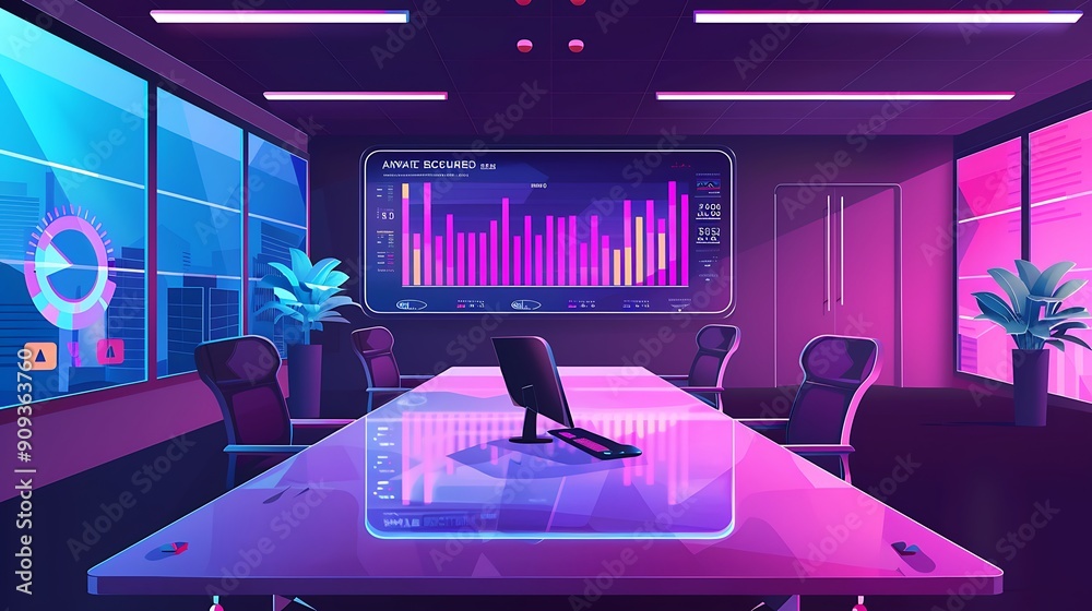 A strategic planning room with a large display showing business growth metrics and digital marketing data. A strategic planning room with a large display showing business growth metrics and digital marketing data.