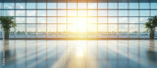 Airport Interior with Large Windows Showing Sunlit Runway and Planes