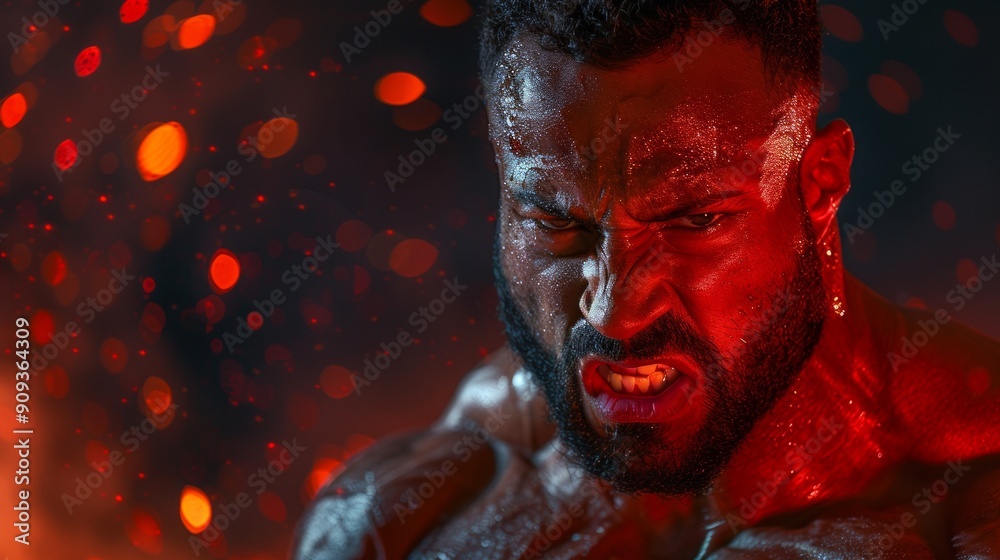 boxer's face, illuminated by the ring lights, contorted in concentration and determination as he prepares for the next round. boxer's face, illuminated by the ring lights, contorted in concentration and determination as he prepares for the next round.