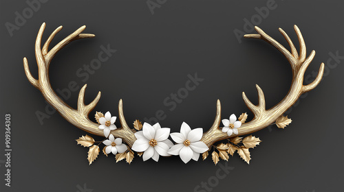 Floral Antlers with White Flowers and Gold Leaves on Black Background for Elegant Seasonal or Nature-Themed Designs and Decorations photo