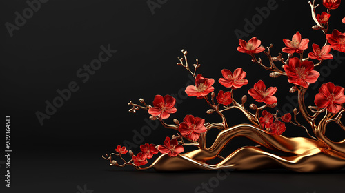 Red Flowers on Golden Branches Against Black Background for Elegant Floral-Themed Designs, Decorations, and Nature-Inspired Artworks photo