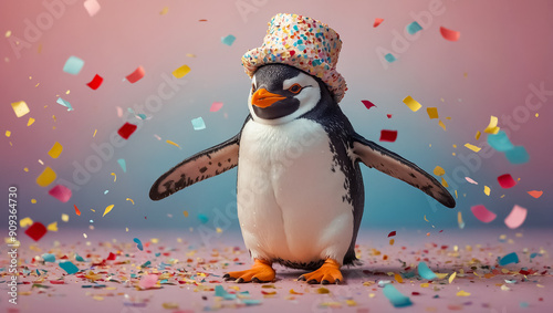 Cute bird penguin on a colored background, birthday