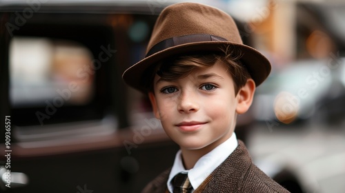 Dapper Young Gentleman in Vintage Suit by Classic Car - Retro Children�s Fashion and Elegance