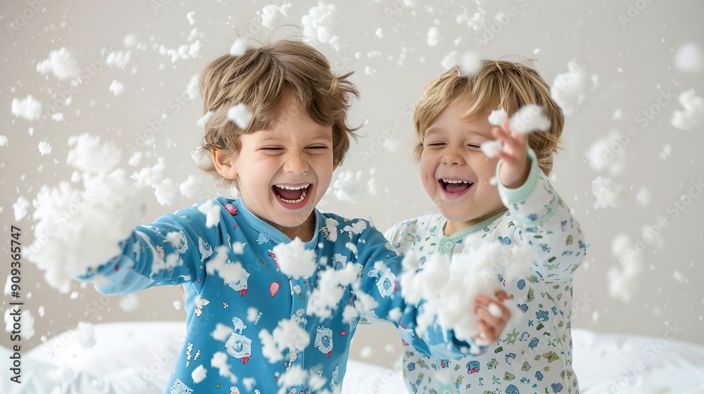 Playful Kids in Matching Pajamas Having a Pillow Fight in Cozy Bedroom - Bedtime Children's Fashion Fun Playful Kids in Matching Pajamas Having a Pillow Fight in Cozy Bedroom - Bedtime Children's Fashion Fun