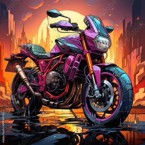 Colorful art paints 3D motorcycle model. Motorcycle picture poster illustration. Moto art. Motorbike print on T-shirts, clothes, fabric, paper, stationery. Rent, purchase, license category A. photo