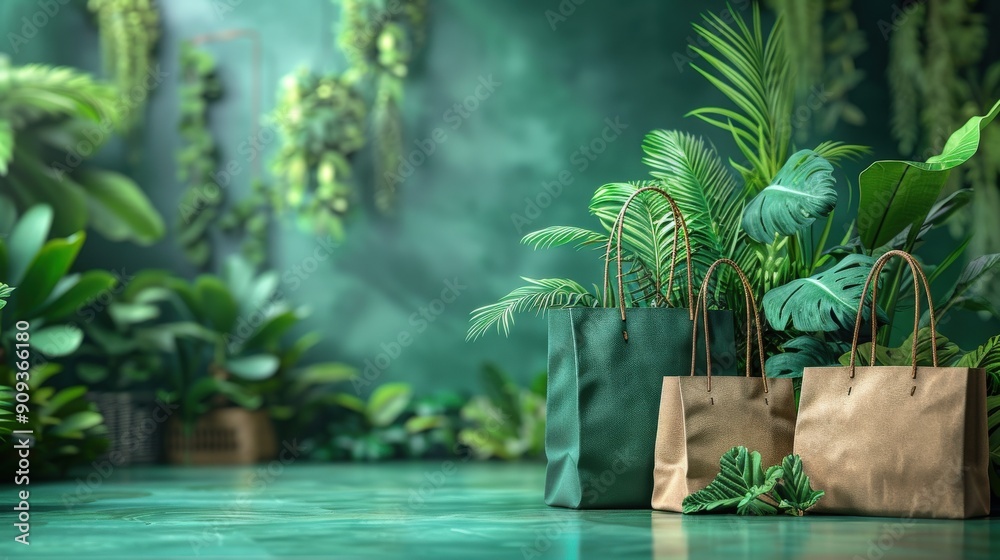 Fototapeta premium Dynamic 3D illustration of a green marketing concept, featuring sustainable shopping and eco-friendly retail practices, with generous copy space for text or branding