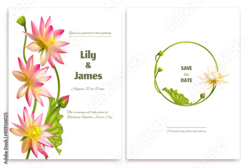Lotus. Tropical flowers. Floral background. Wedding invitation. Water lily. Pink. Green. Bouquet.
