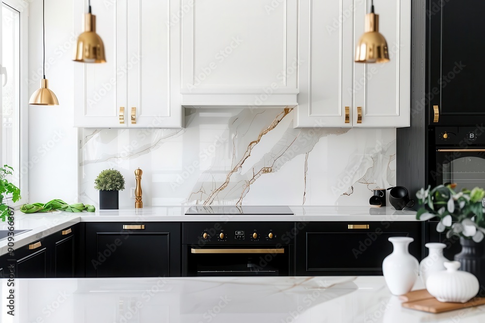 sleek and modern kitchen interior with contrasting black and white cabinets gold accents and a stunning marble backsplash bathed in natural light