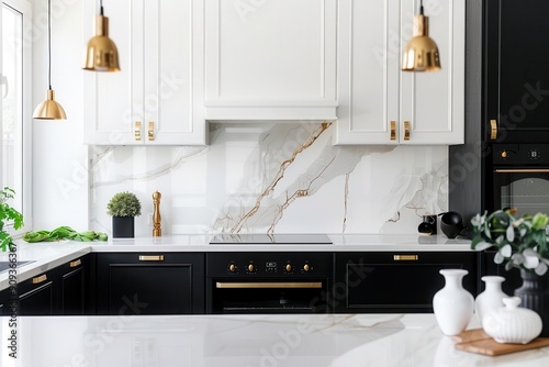 Obraz na płótnie sleek and modern kitchen interior with contrasting black and white cabinets gold accents and a stunning marble backsplash bathed in natural light w salonie