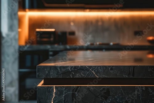 sleek black marble kitchen island in minimalist space soft ambient lighting creating subtle reflections blurred modern appliances in background