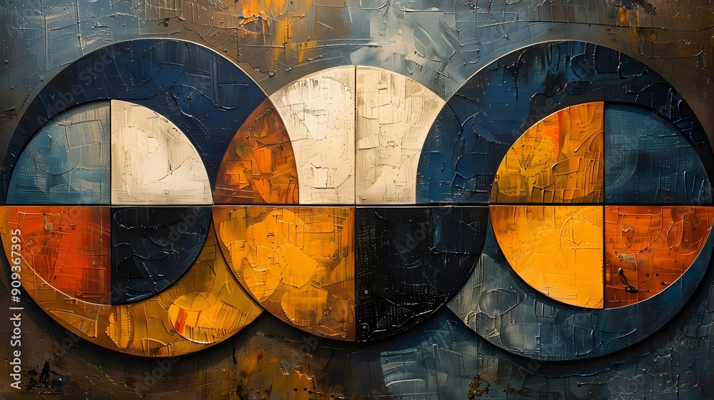 A painting of three circles with different colors and sizes. The circles are arranged in a way that they seem to be overlapping each other. The painting has a sense of depth and movement A painting of three circles with different colors and sizes. The circles are arranged in a way that they seem to be overlapping each other. The painting has a sense of depth and movement