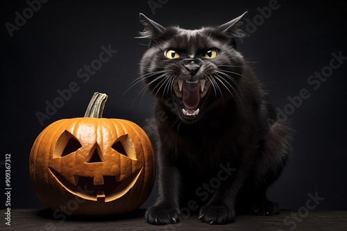 Hissing black cat sits near a carved pumpkin in a spooky halloween scene, with a dark background adding to the scary vibe