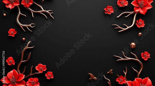 Red Flowers and Golden Branches on Black Background for Elegant Floral-Themed Decorative Designs, Holiday Arrangements, and Nature-Inspired Art photo