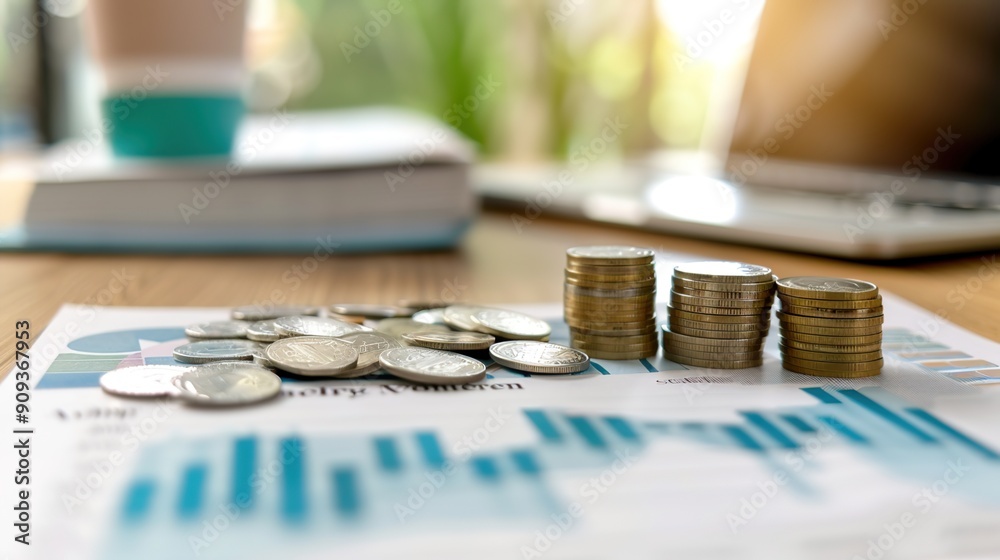 Financial Growth Chart on Business Desk with Coins - Savings and Money Concept Financial Growth Chart on Business Desk with Coins - Savings and Money Concept