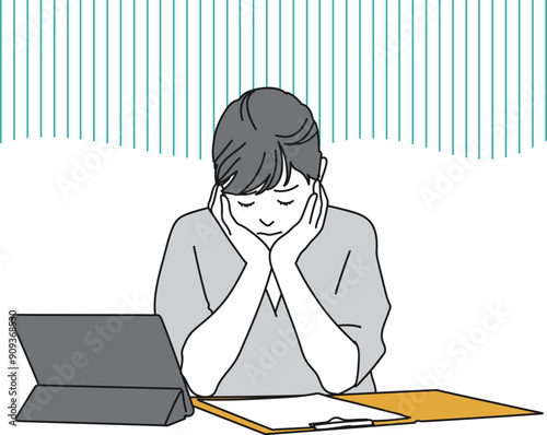 パソコンの前で落ち込む女性社員のシンプルイラスト