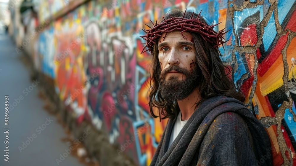 man wearing a crown of thorns and a simple robe stands in front of a wall adorned with colorful graffiti, his eyes looking forward with a contemplative expression. man wearing a crown of thorns and a simple robe stands in front of a wall adorned with colorful graffiti, his eyes looking forward with a contemplative expression.