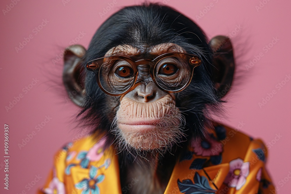 Monkey in Floral Suit on Pink Background Monkey in Floral Suit on Pink Background