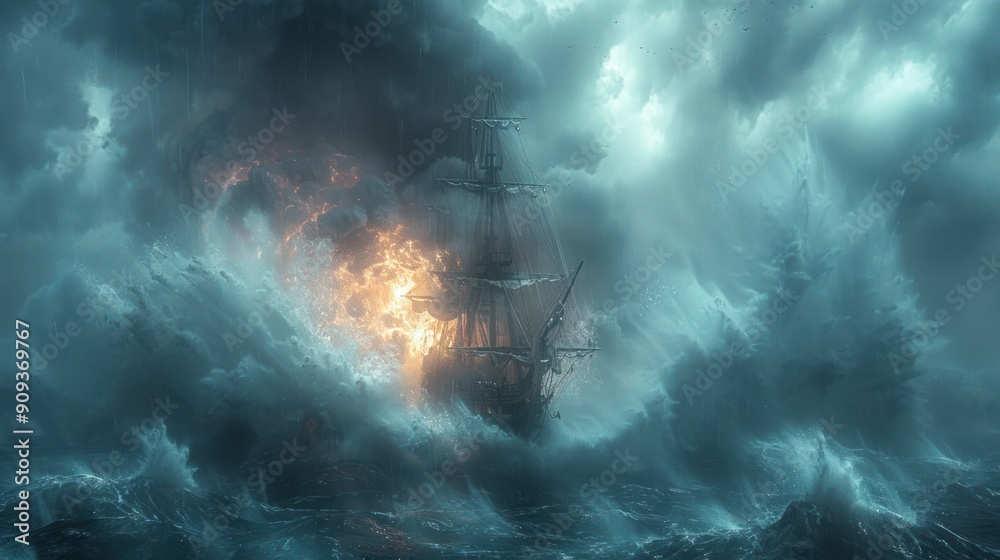 pirate ship sails on the stormy sea in the fantasy pirate ship sails on the stormy sea in the fantasy