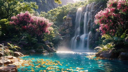lush vibrant rainforest with exotic birds and flowers