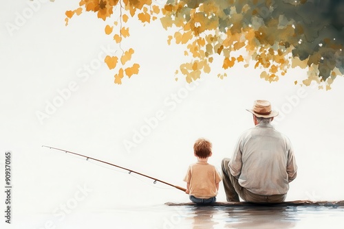 Grandfather and grandson fishing by the lake, peaceful moment.