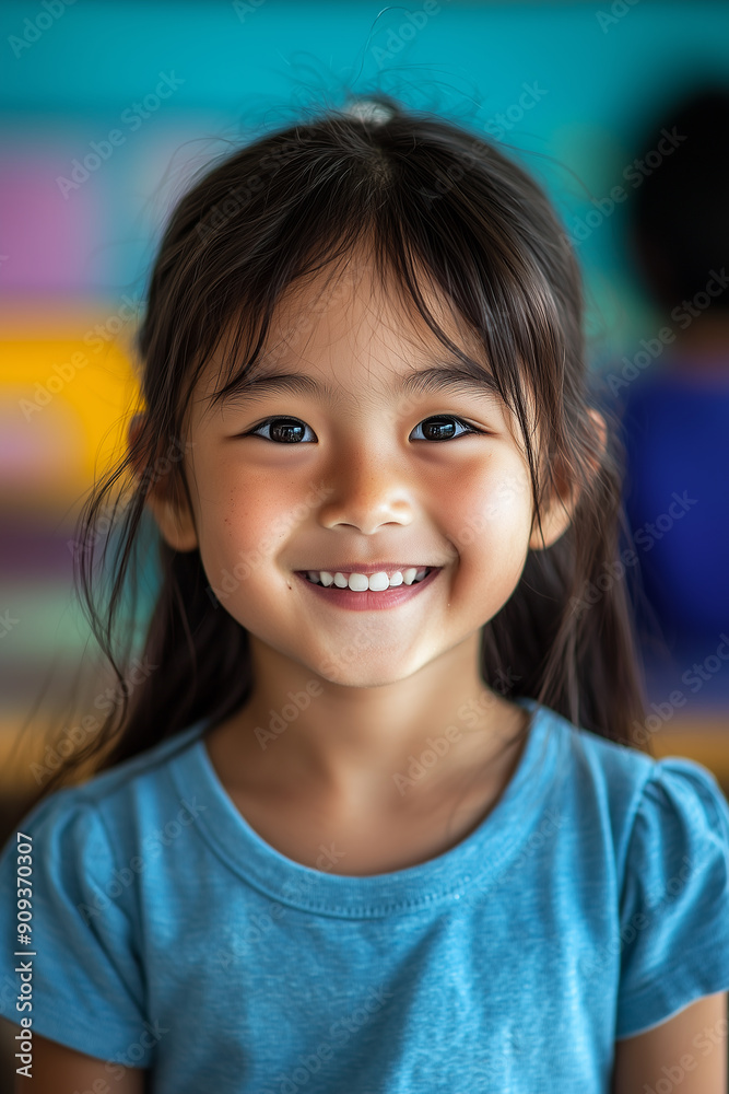  portrait of an 8 year old asian girl in a classroom, smile