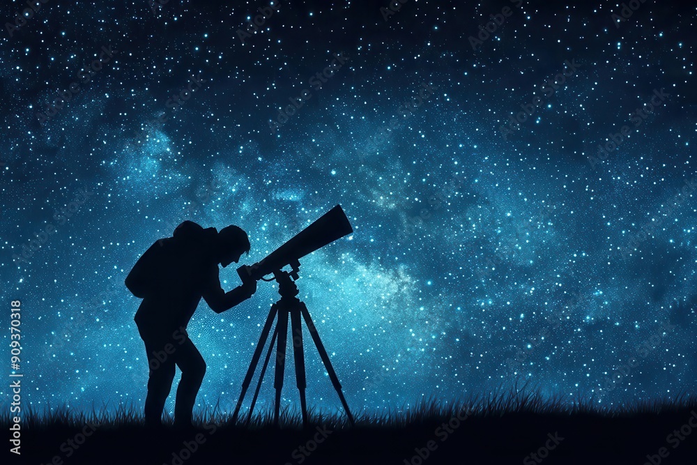 Silhouette of a person looking through a telescope at the night sky filled with stars. Silhouette of a person looking through a telescope at the night sky filled with stars.