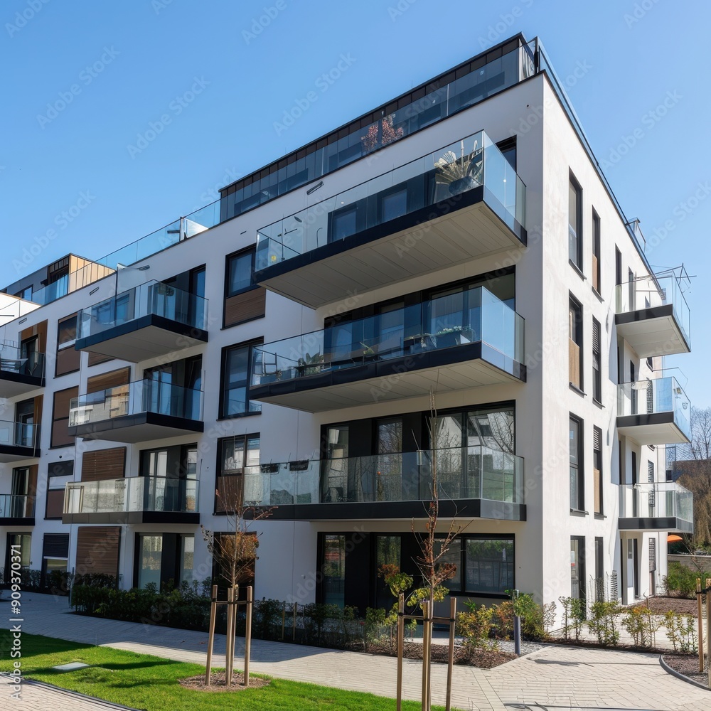 Modern Apartment Building With Balconies Surrounded by Green Spaces Under Bright Blue Sky Modern Apartment Building With Balconies Surrounded by Green Spaces Under Bright Blue Sky