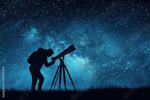 Silhouette of a person looking through a telescope at the night sky filled with stars.