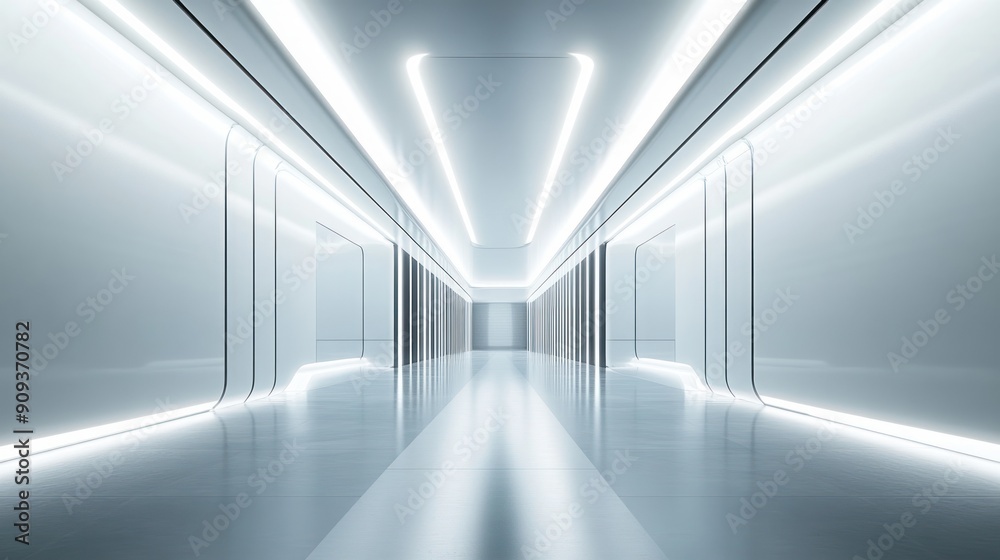 A futuristic corridor with bright lighting and a sleek, minimalist design. Perfect for conveying a sense of progress, technology or innovation A futuristic corridor with bright lighting and a sleek, minimalist design. Perfect for conveying a sense of progress, technology or innovation