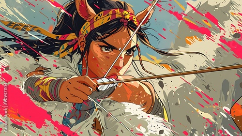 Focused Female Archer Aiming Her Bow in Dramatic, Dimly Lit Setting, Precision and Determination in Competitive Archery. Championship of Cinematic Athletic Excellence