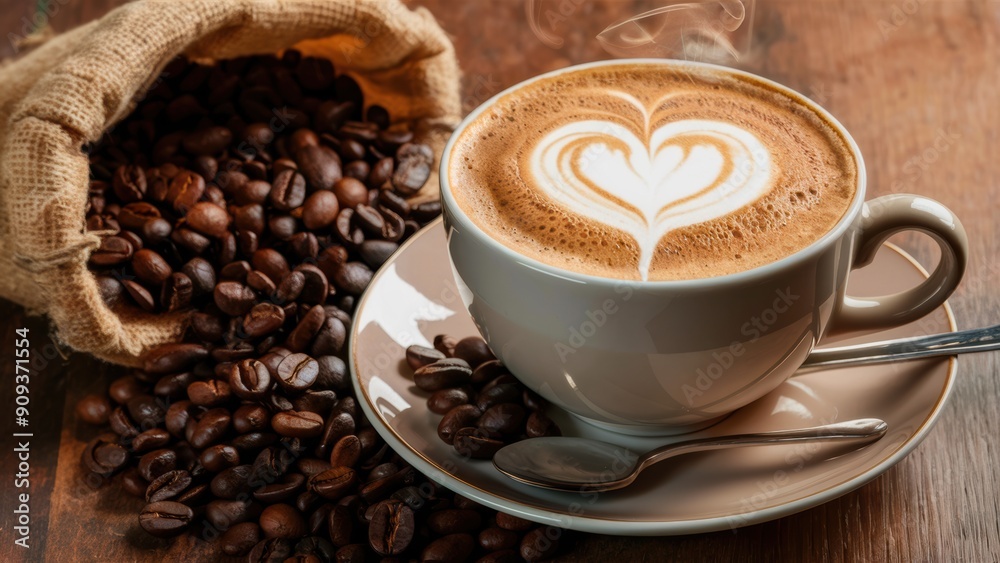 A cup of coffee with a heart shape on top and beans around it, AI A cup of coffee with a heart shape on top and beans around it, AI