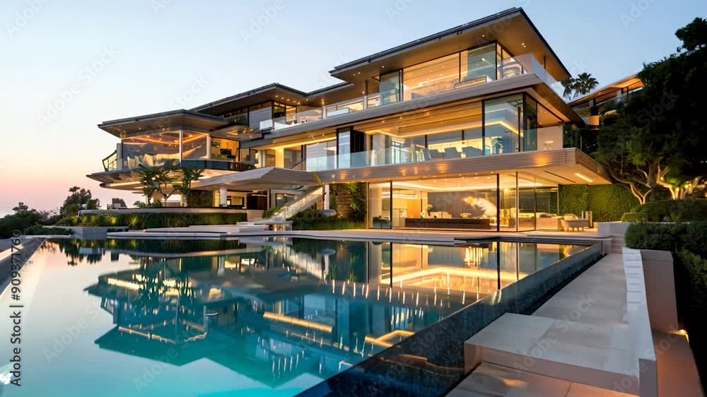 A stunning villa features sleek design elements, an expansive pool, and a captivating sunset view by the ocean A stunning villa features sleek design elements, an expansive pool, and a captivating sunset view by the ocean